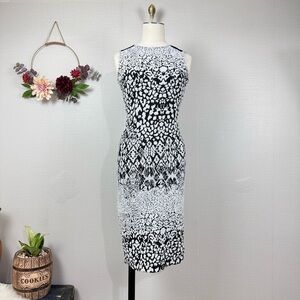 REISS Berta White Black Bodycon Cocktail Midi Women Dress Size 2